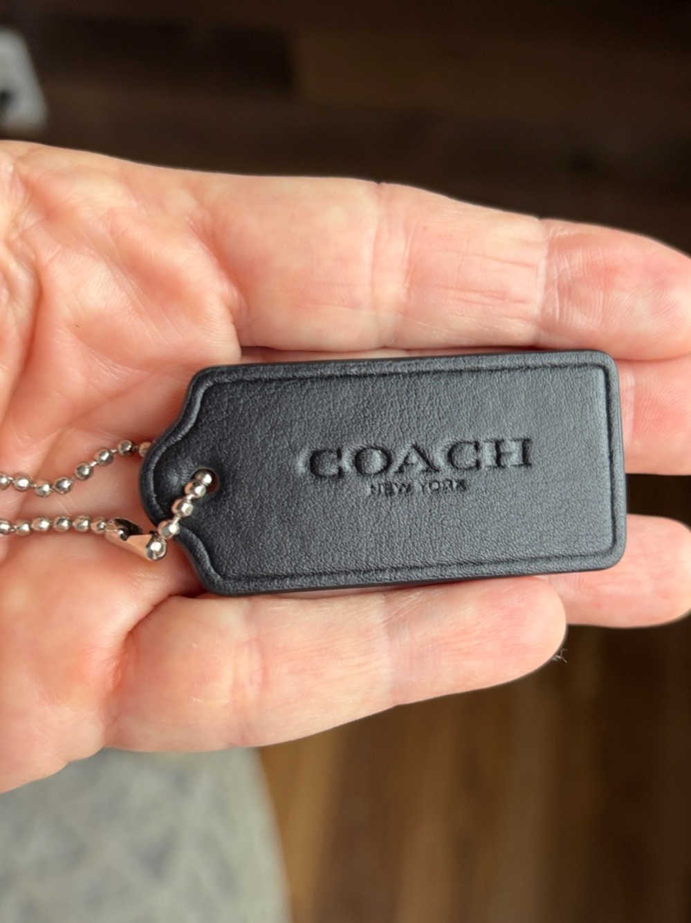 Coach Black/with brown smooth Leather Hangtag with Silver Chain